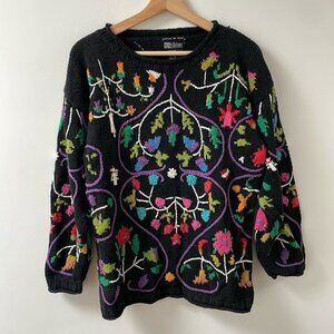 Vintage DL Mckelvey hand knitted floral bug black colourful sweater ramie size M